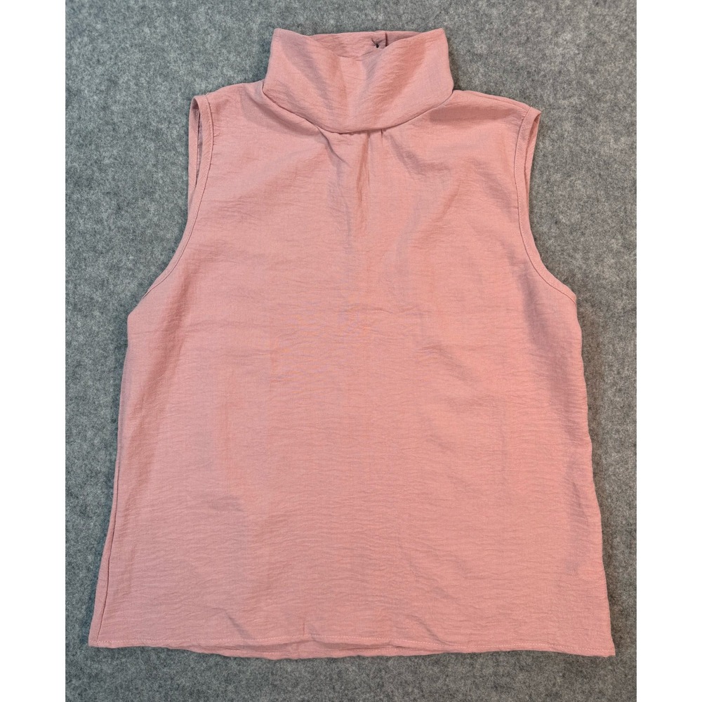 Pink Sleeveless Mock Neck Cotton Linen Blend Keyhole Back Top Medium